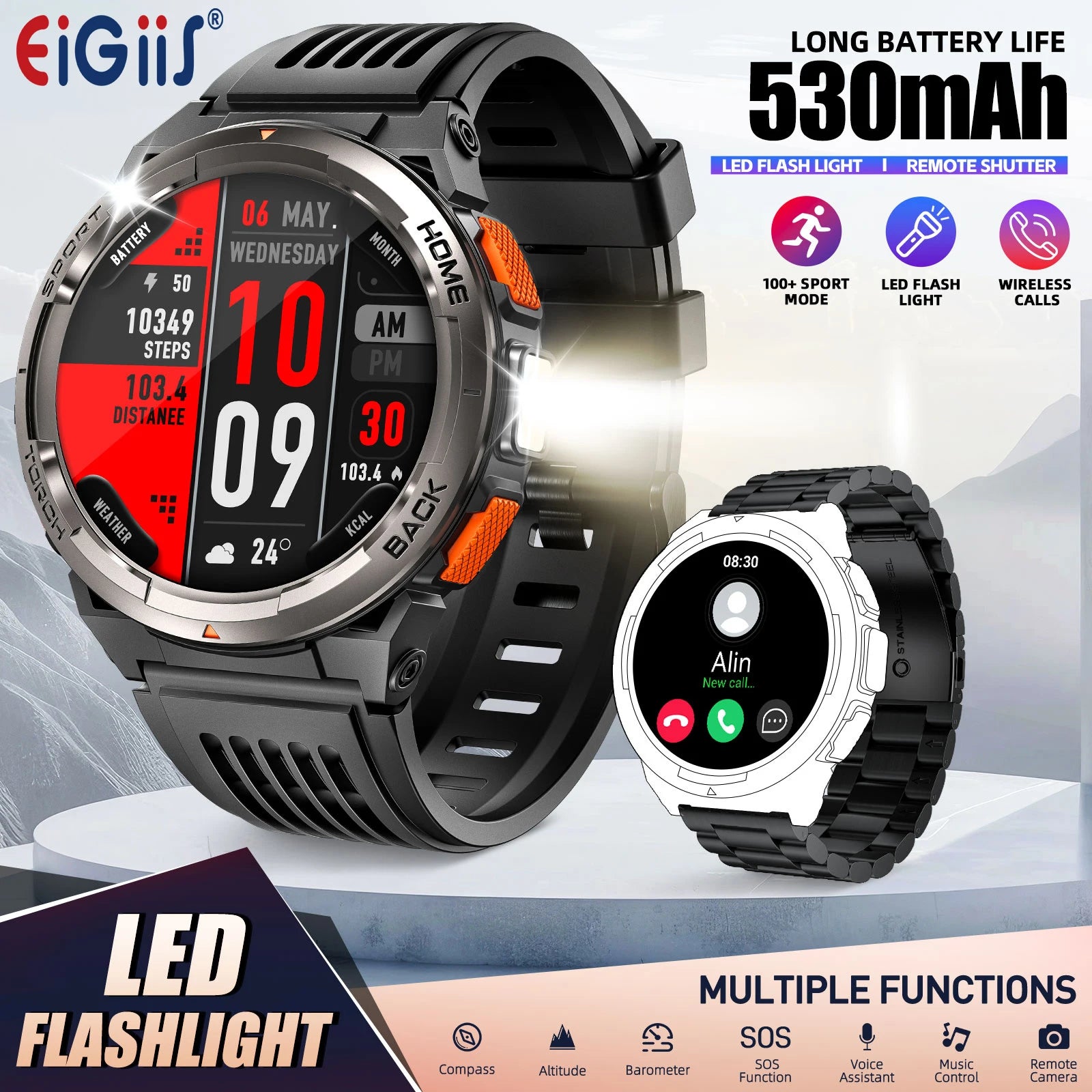 EIGIIS 1.45 Inch Smart Watch KE5 3ATM Waterproof Original Design Sports Watch With Compass And Altitude Barometer LED Flashlight S6b1f9ae353d940ccb8f259ac9d257bc75 Red, White and Blue Products Store